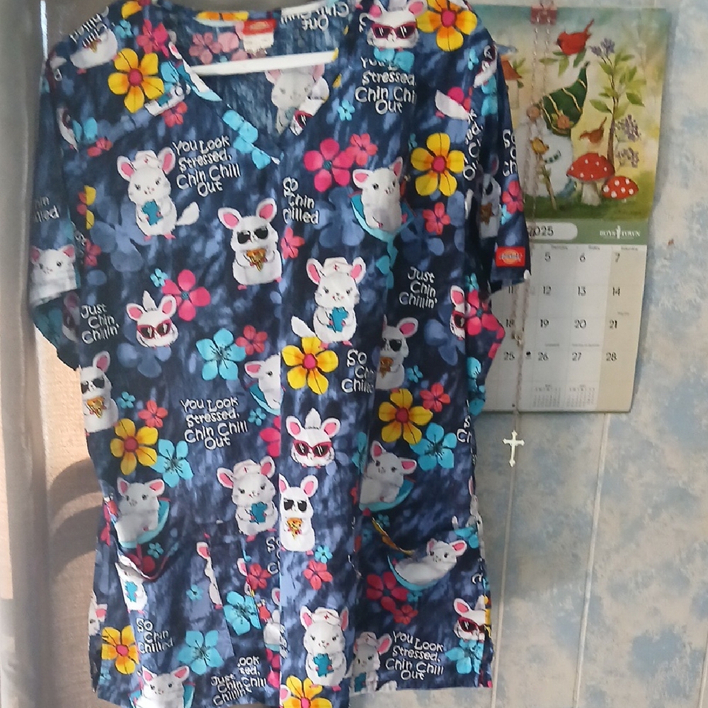 Dickies Blue and Yellow Scrub Top with Playful Animal Print